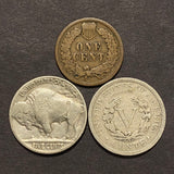 3 Old US Coin Variety Pack (Indian 1¢, Buffalo 5¢, Liberty 5¢)